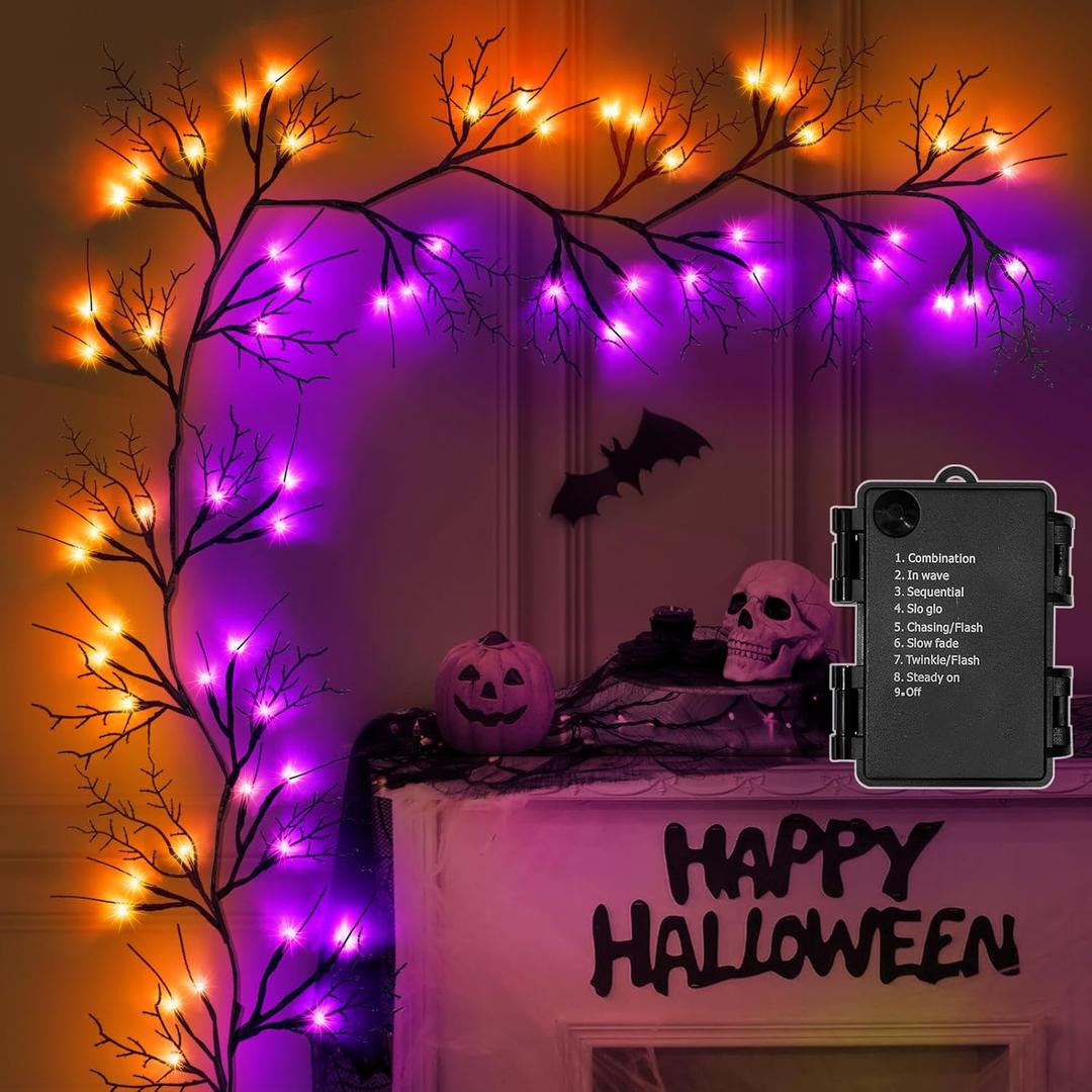 9 Ft 54 LED Halloween Willow Vine Twig Decor Garland with 8 Modes Timer Orange & Purple Lights Waterproof Battery Operated Halloween Decorations for Home Bedroom Wall Fireplace Mantle Decor