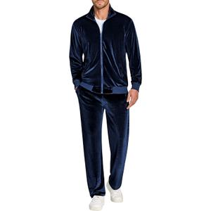 COOFANDY Mens 2 Piece Velour Tracksuit Full Zip Jackets Pants Velvet Jogging Suits Sweatsuit Set (Large, Dark Blue)