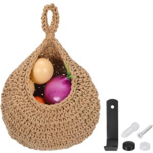 uxcell Hanging Fruit Baskets for Kitchen, Hand-Woven Wall Hanging Storage Jute Basket Teardrop Home Decor Storage for Garlic Potato Vegetable, Brown, L Size Light Brown