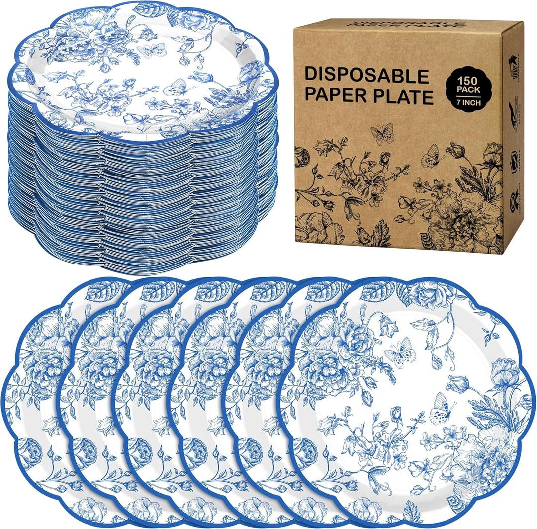 Kochorie 150 Pieces Blue Flower Paper Plates 7 Inches Disposable Floral Paper Plates Scalloped Blue Chinoiserie Vintage Flower Dessert Plate for Wedding Birthday Holiday Party Decor Supplies