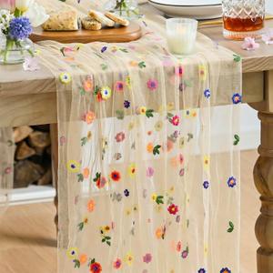 Artoid Mode Champagne Embroidery Daisy Gauze Table Runner 120 Inch 10FT, Seasonal Sheer Kitchen Dining Holiday Wedding Birthday Table Decor for Home Party, 27" x 120"