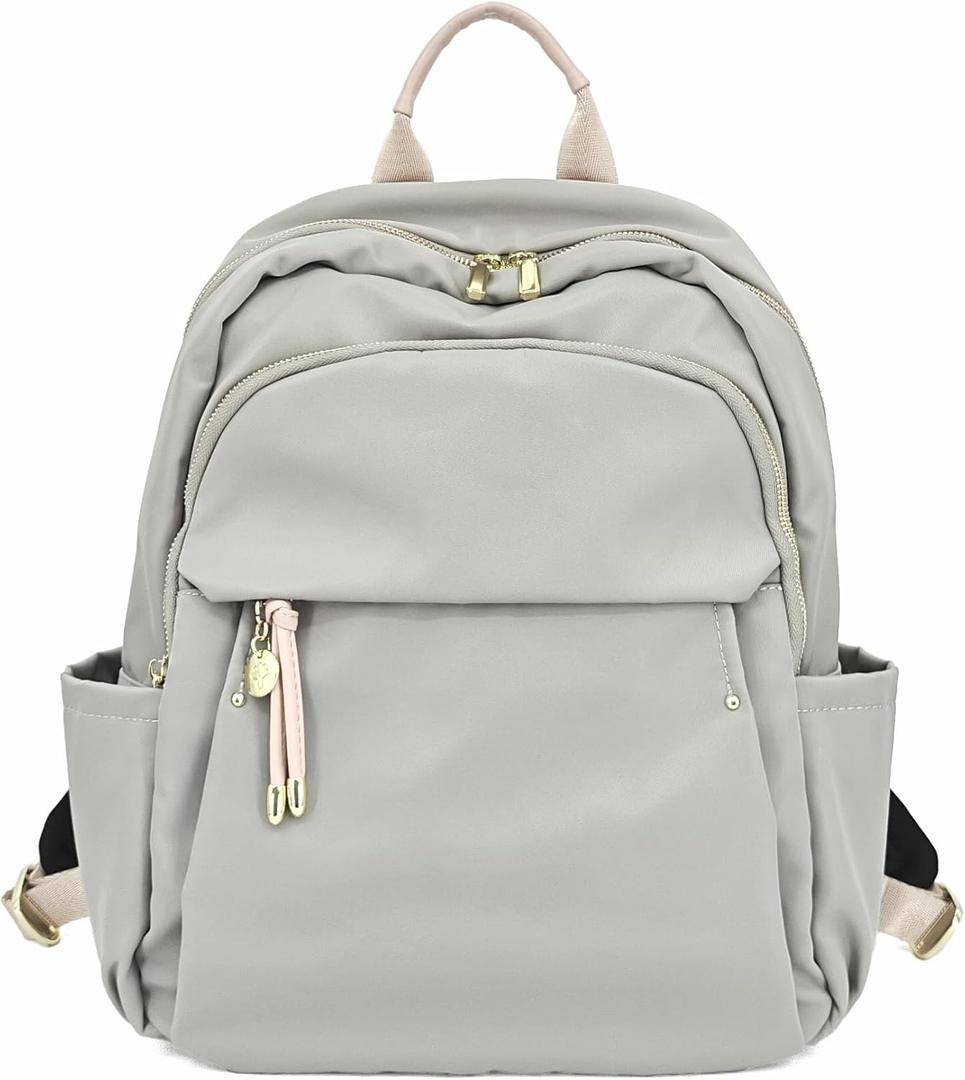 Medium Backpack Purse for Women, Fashion Nylon Daypack with Gold Hardware, Lightweight Water-Resistant Rucksack for College, Work, Travel, Everyday Use, Fits 1314" Laptop (Gray Beige, Medium)