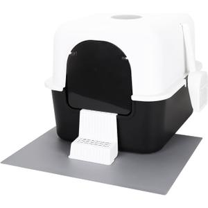 Cat Litter Box with Lid, Fully Enclosed Splash-Proof Litter Box,Top Entry Cat Litter Box, Easy to Assemble and Installation (Black with Handle, Large)