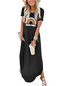 ANRABESS Women's Summer Casual Loose Short Sleeve Long T Shirt Dress Split Maxi Beach Sundress Travel Vacation Outfits Rainbow Black XX-Large