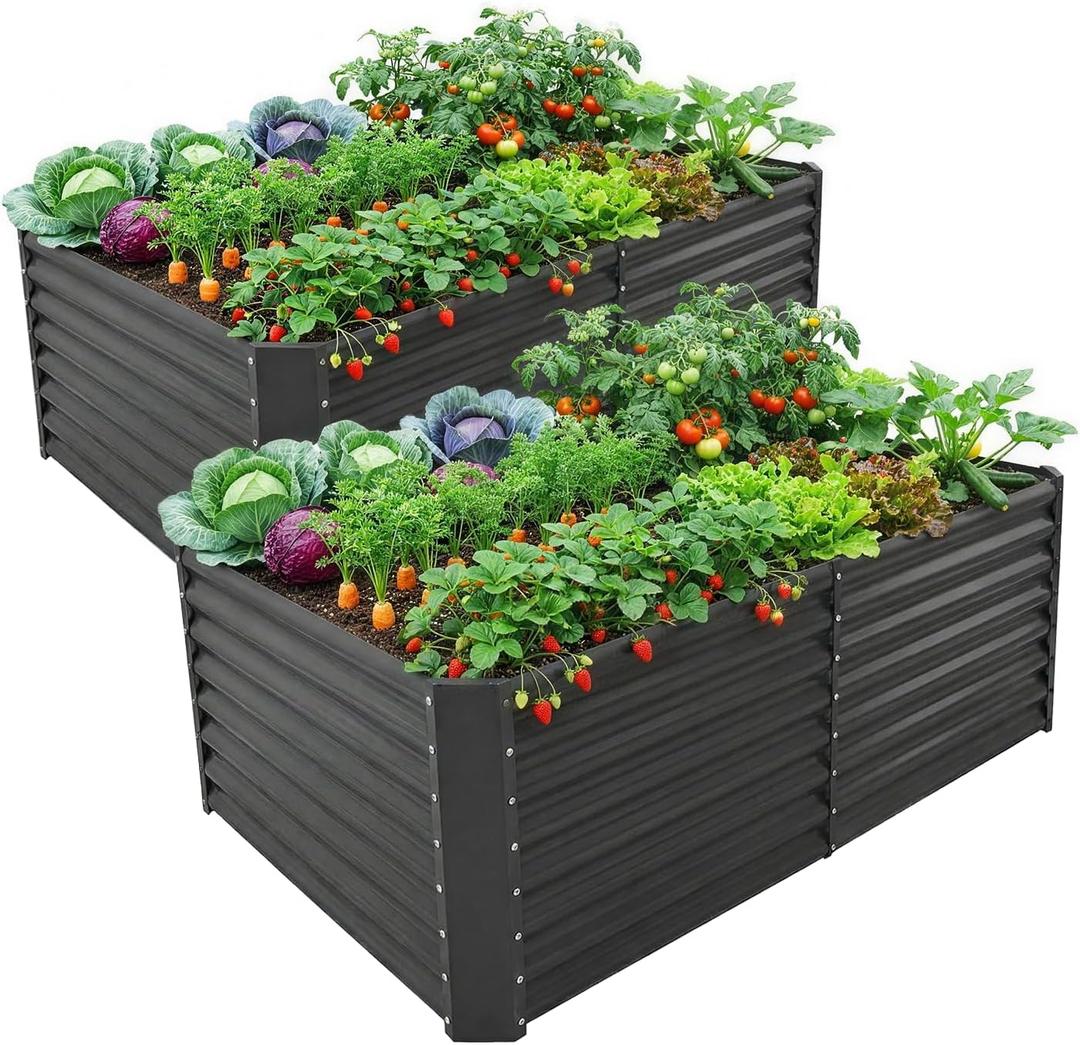Land Guard 2 Pack 632 ft Galvanized Metal Raised Garden Bed, 2FT Deep Root Elevated Planter Box Steel Large Vegetable Flower Bed Kit, Gray