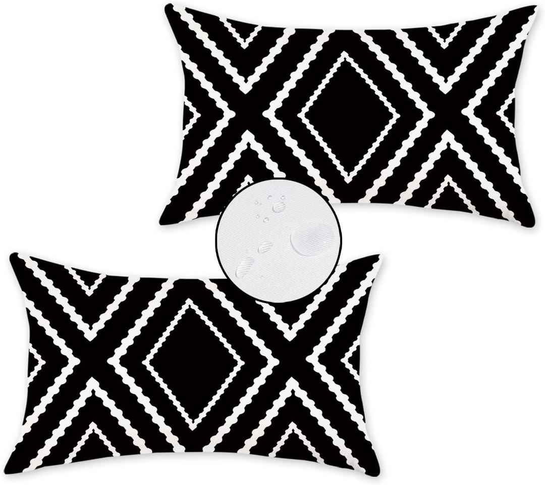 HOMFREEST Black and White Outdoor Pillow Covers 12x20 Waterproof Geometric Boho Pillows Patio Furniture Cushion Case Set of 2