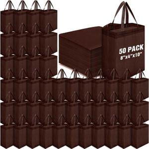 Windyun 50 Pcs Reusable Tote Bag Bulk 8 x 4 x 10 Inch Non Woven Shopping Bag with Handle Christmas Reusable Grocery Gift Tote (Brown)