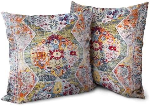 Knagsfa Boho Green Orange Throw Pillow Covers 20x20 inch Set of 2, Bohemian Carpet Double Sided Pattern Soft Plush Cushion Cover for Couch Sofa Bed Decorative, Only Pillowcase (No Insert)