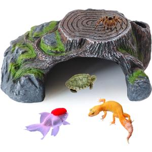 Resin Reptile Hide Cave,Leopard Gecko Cave Hideout Reptiles Habitat Tree Stump Decor Lizard Tank Climbing Ramp Basking Platform Accessories for Gecko Hermit Crab Small Turtle Frog Spider Scorpion