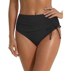 Blooming Jelly Womens High Waisted Bikini Bottoms Tummy Control Swim Suit Brief Drawstring Ruched Bathing Suit Bottom (Small, Black)