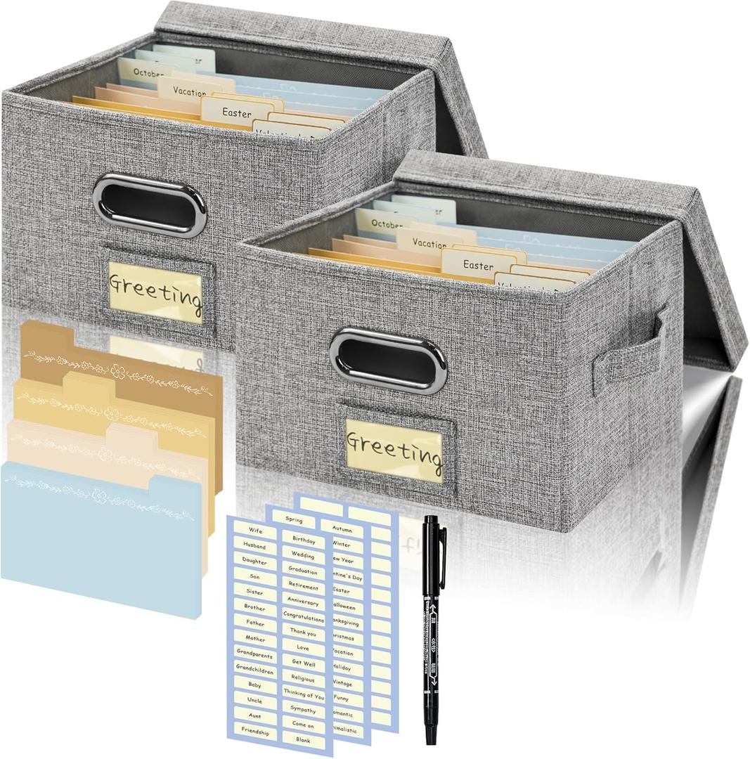 Greeting Card Organizer and Storage Box with 20 Pcs Adjustable Dividers, Storing Cards with 84 Pcs Labels Perfect for Storing Greeting Cards, Envelopes, Photos 2 Pack Grey