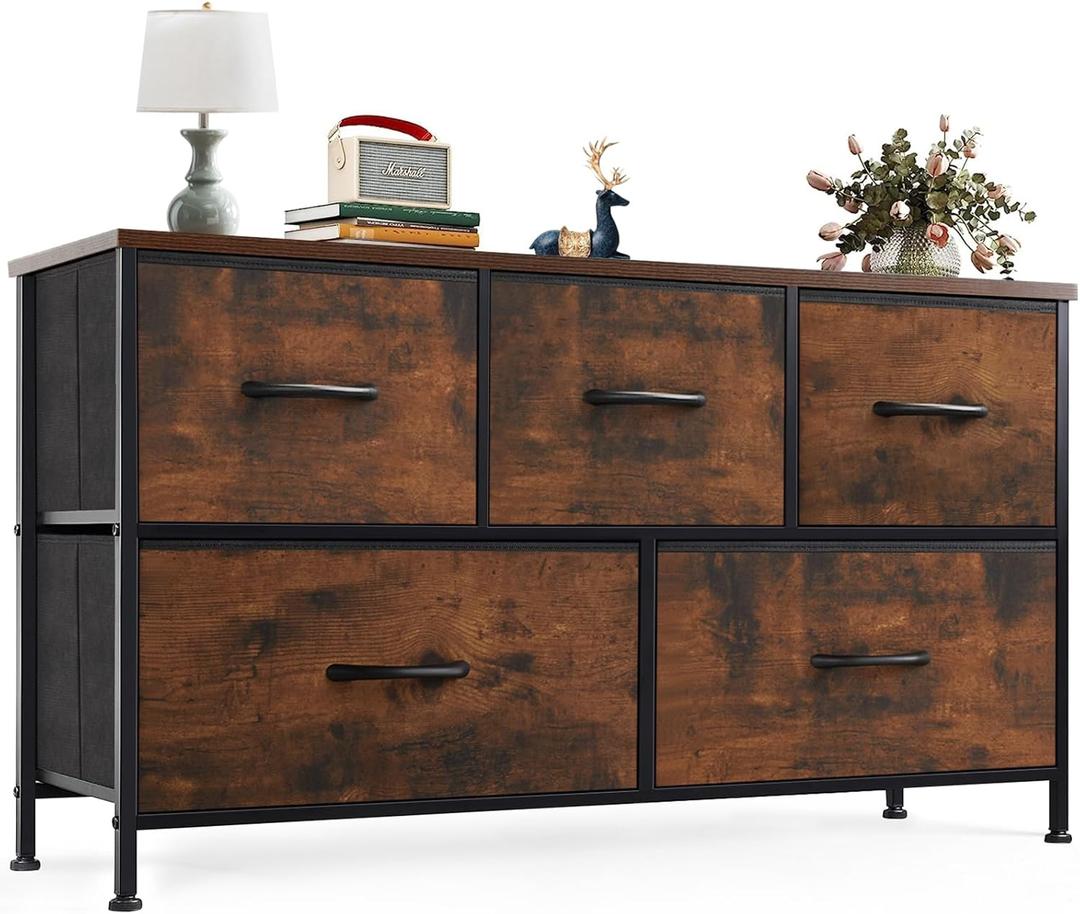 OLIXIS 5 Drawer Dresser for Bedroom, Wide Fabric Storage Tower with Wooden Top and Metal Frame, Closet Chest Organizer Furniture, TV Stand for Living Room Hallway, Brown, 11.8"D x 39.4"W x 20.9"H