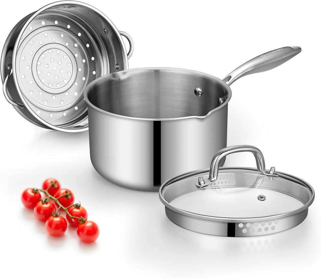 Tri-Ply Stainless Steel Sauce Pan with Steamer Basket & Straining Glass Lid Heavy-Duty, Thick Base, Rust-Resistant, Warp-Free 100% Food-Grade Built to Last Works with All Stovetops, Pasta Pot 3.5 QT