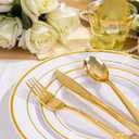 WELLIFE 600 PCS Gold & White Disposable Dinnerware Set for 100 Guests White Plastic Plates with Gold Rim, Dinner & Salad Plates, Cups, Forks, Knives & Spoons for Weddings & Elegant Events
