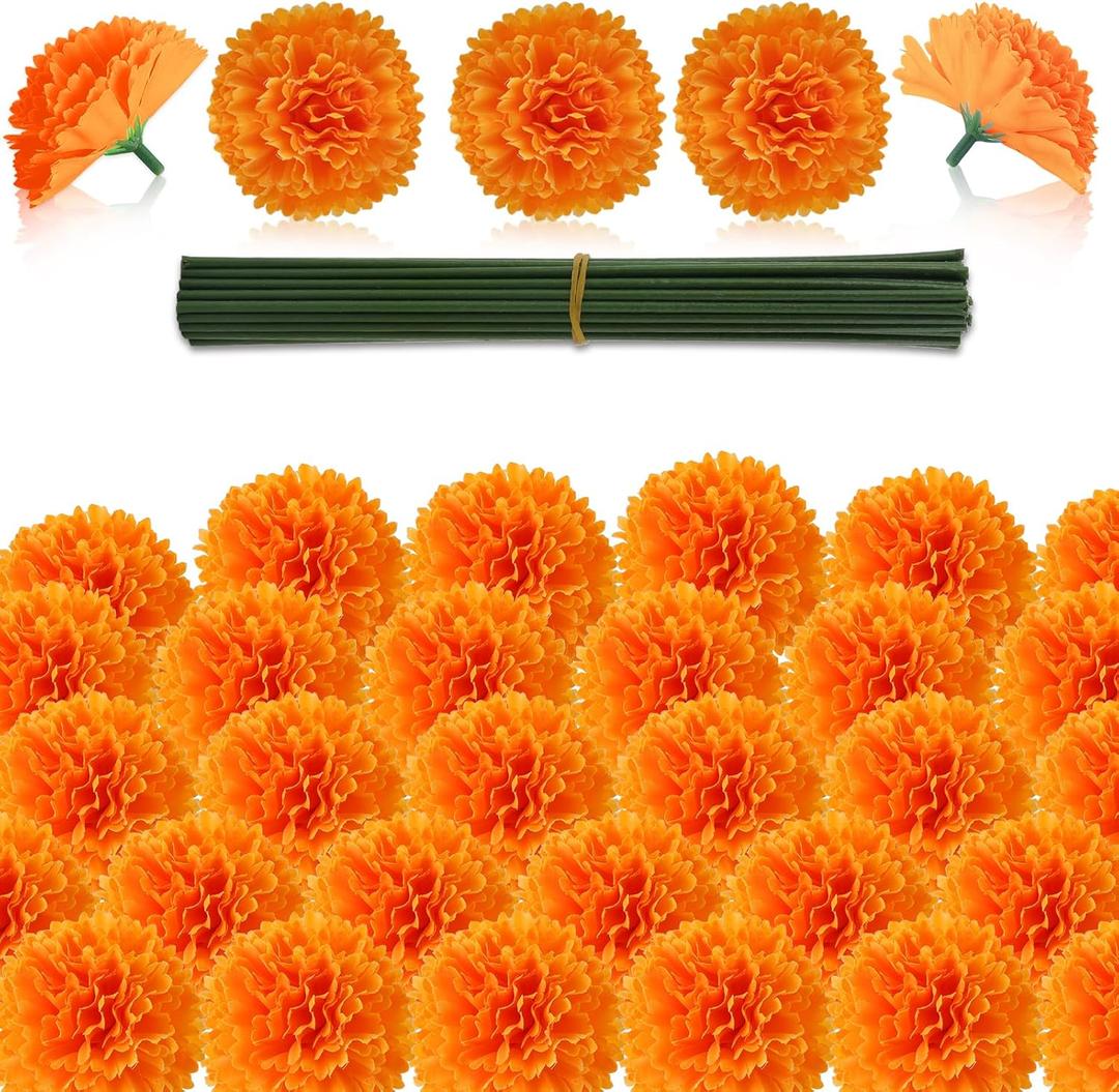 Hananona 50Pcs Artificial Marigold Flower Heads, Silk Marigold Heads Bulk Fake Flowers for Dia De Los Muertos Decor DIY Marigold Garland Day of The Dead Decorations (Orange)