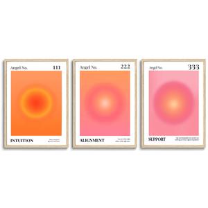 KISSFOX 3 Piece OAK Wood Framed Wall Art Pink Orange Wall Decor Aura Canvas Art Angel Number Pictures Trendy Aesthetic Preppy Paintings For Apartment Dorm Women Girls Bedroom