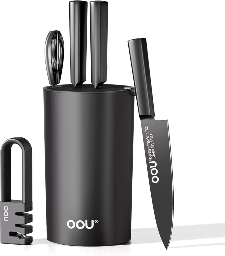 OOU Knife Set with Block and Sharpener, 6 Pcs High Carbon German Steel Kitchen Knife Block Set with Universal Knife Holder, Dishwasher Safe Knife Set for Small Kitchen, Space-Saving, Anti-Rust (black04)
