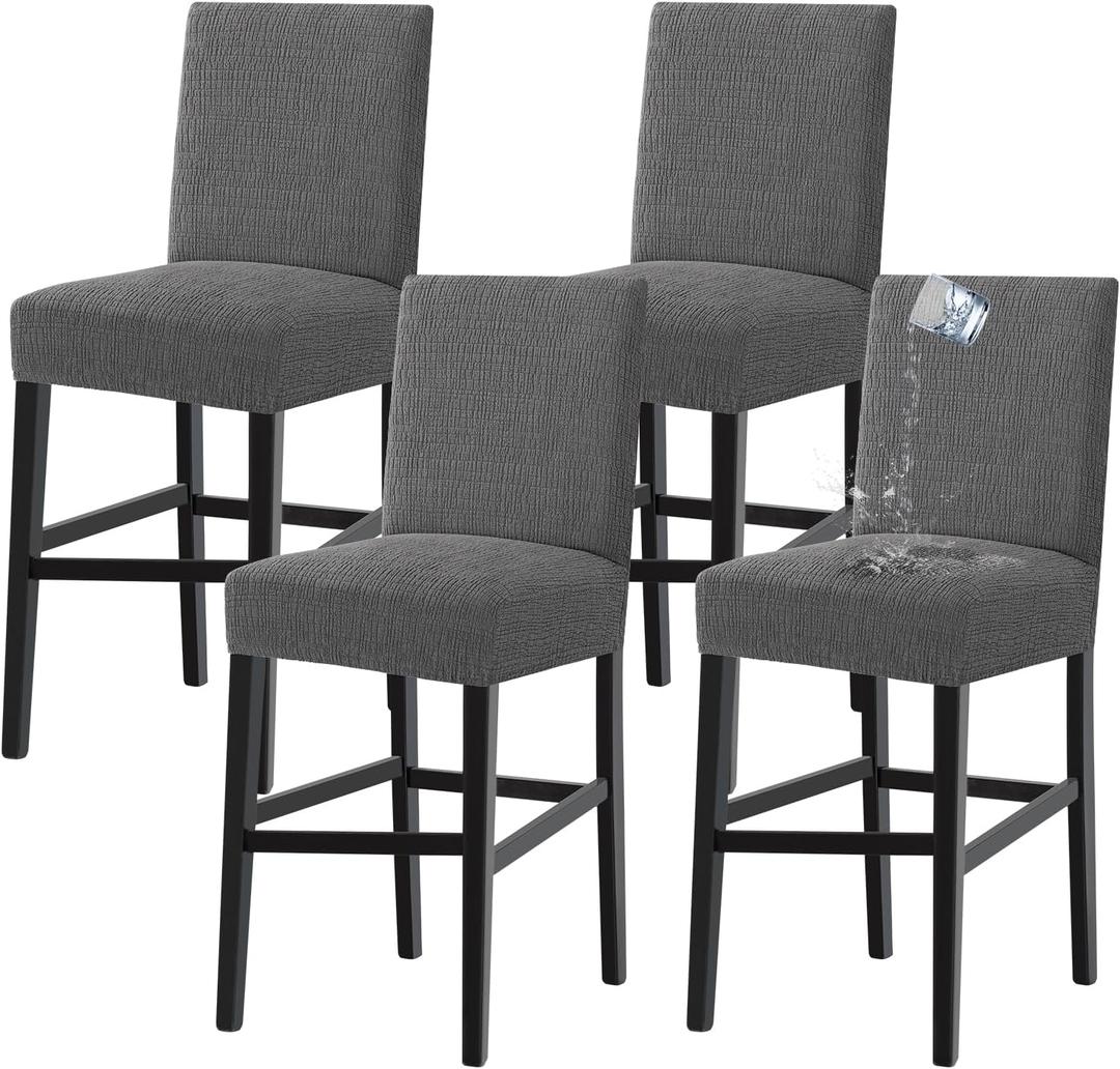 Turquoize 100% Waterproof Bar Stool Cover Stretch Washable Barstool Seat Covers Set of 4, Removable Bar Chair Covers with Backs, Counter Height Chair Cover for Kitchen Dining Room Cafe (4, Gray)