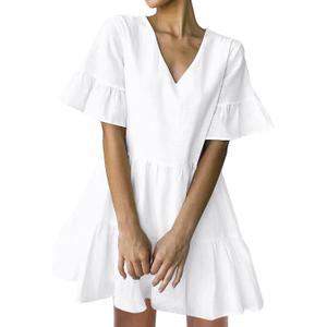 FANCYINN Womens V Neck Cute Shift Dress with Pockets Bell Sleeve Ruffle Hem Loose Swing Summer Tunic Mini Dress (Small, White)