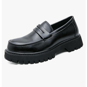 Men's Leather Platform Chunky Slip-On Penny Loafers Classic Round Toe Lug Sole Business Casual Formal Work Shoes Size 46 Black