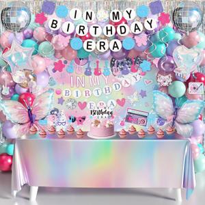 In My Birthday Era Decorations, Music Birthday Decorations, Popular Singer Theme Party Supplies for Girls Pink Purple Balloon Arch Friendship Bracelet Garland Backdrop Cake Toppers Hanging Swirls