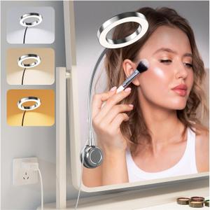 Suction Cup LED Vantiy Lights for Mirror, Flexible Gooseneck Stick on Selfie Ring Light for Makeup Vanity Table & Bathroom Mirror, 3 Color Modes & 10 Brightness, Plug in, Silver (17"L x 4.7"W)