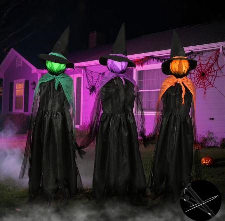 56In LED Set of 3 Black Witches with Stakes Light Up Witches Holding Hands Garden Decor Scary Halloween Decorations Outdoor Yard