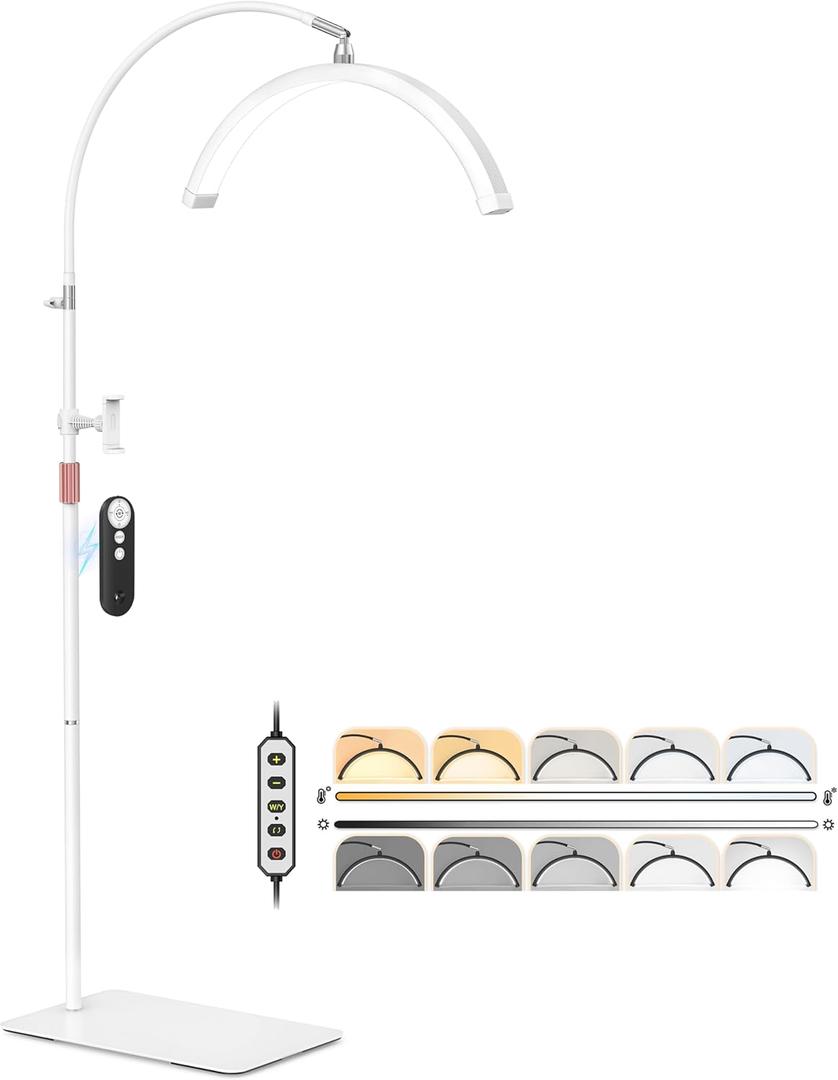 Half Moon Light for Lash Tech, Flexible Lash Lamp with Phone Holder for Eyelash Nail Art Tattoos Skincare, 5 Color Temperatures & Brightness Setting LED Floor Lamp Esthetician Light