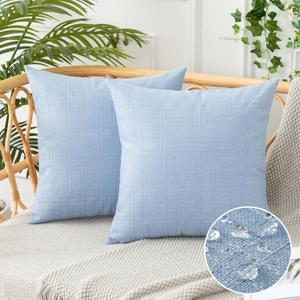 UGASA Outdoor Throw Pillow Covers Pack of 2 Plaid Texture Waterproof Farmhouse Linen Decorative Square Cushion Pillows Covers for Patio Porch Outside Yard Garden Bench 18x18 Inch, Light Blue