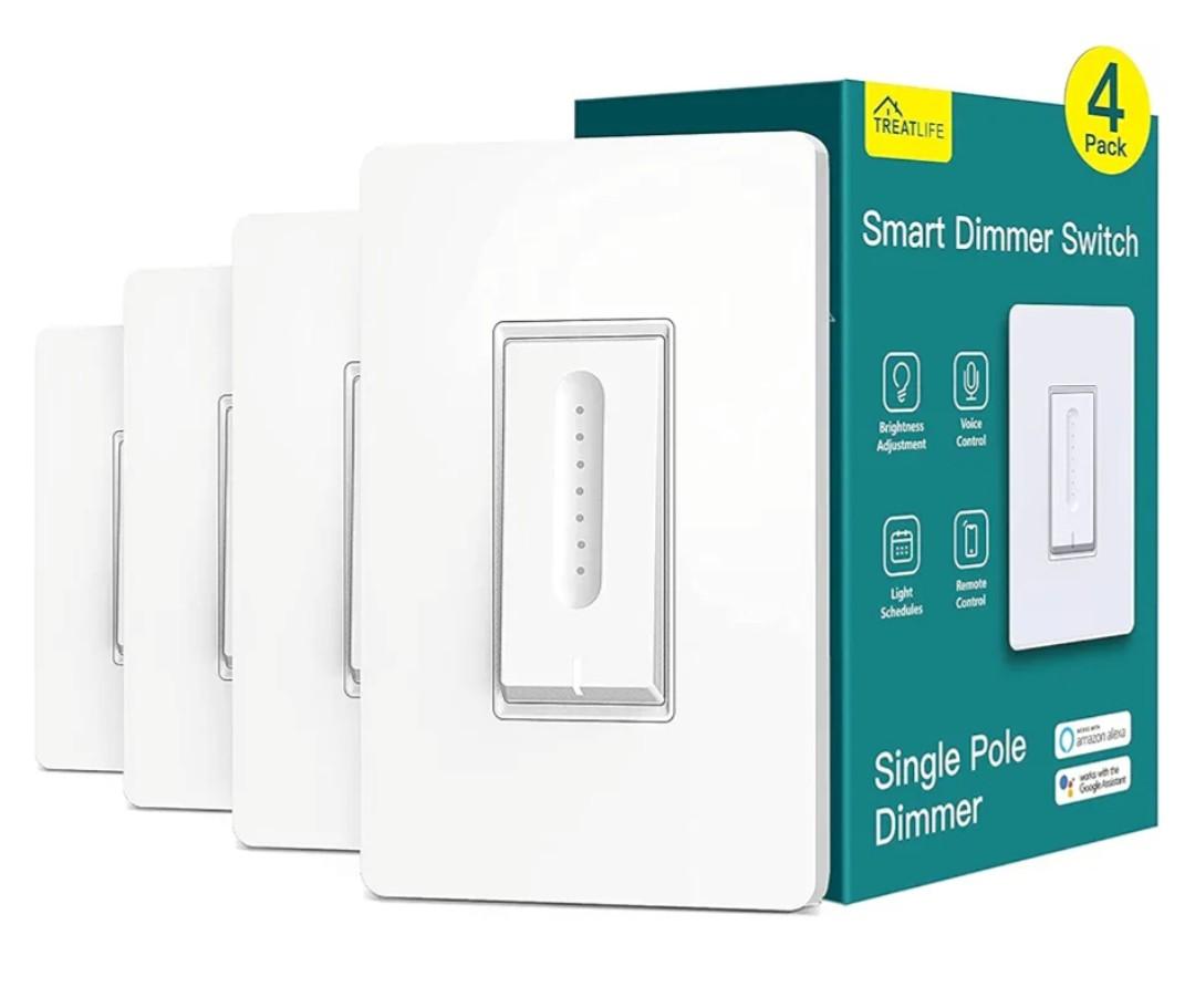 TREATLIFE Smart Dimmer Switch 4 Pack, Single Pole Smart Switch Works with Alexa and Google Home, Neutral Wire Required, 2.4GHz WiFi Dimmer Light Switch for LED, CFL, Incandescent Bulbs