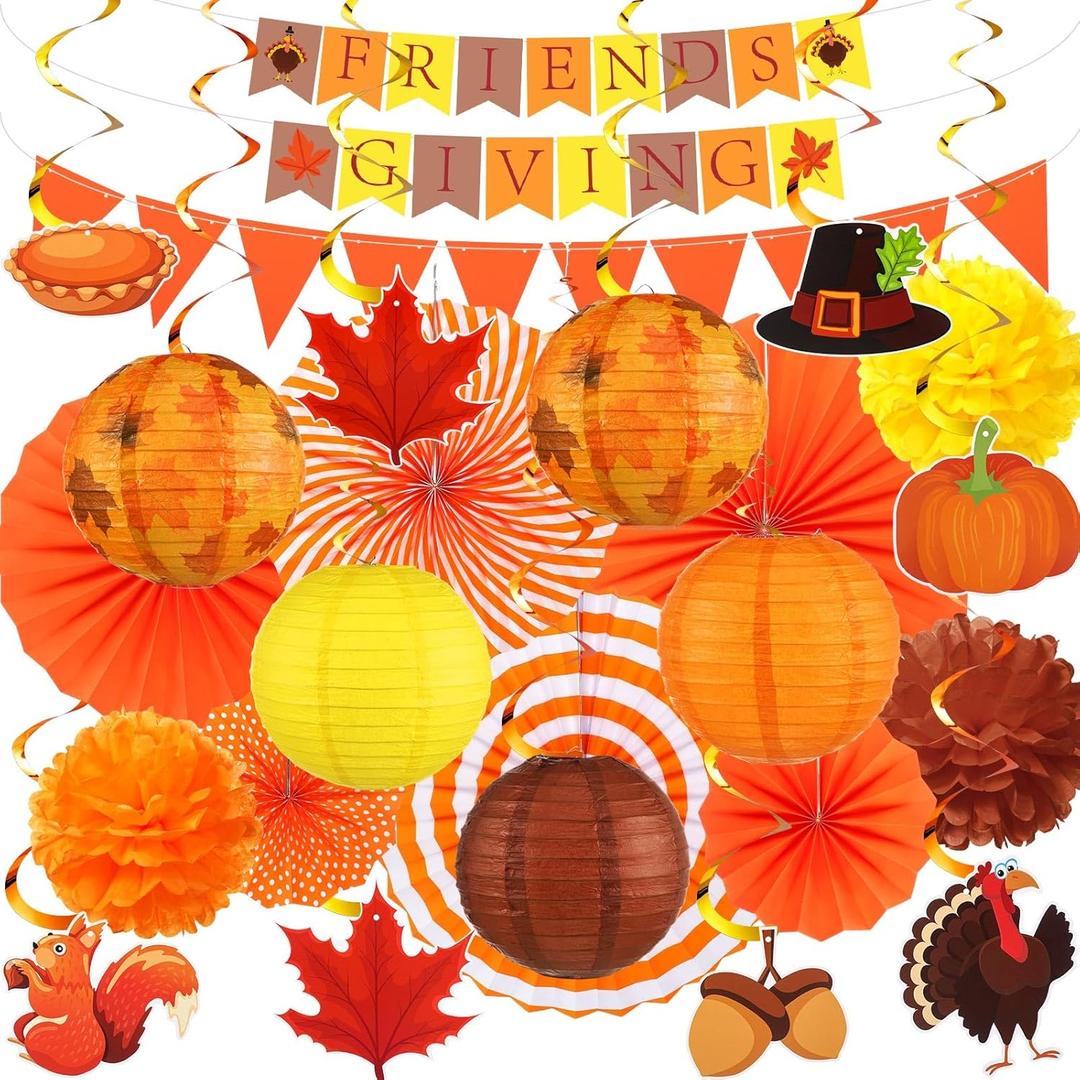 28 Pcs Thanksgiving Party Decoration Include Friends Giving Banner Autumn Paper Lanterns Pom Pom Hanging Fans Bunting Garland Swirl Streamers for Fall Harvest Birthday