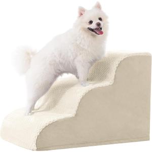 MIHIKK Dog Stairs Ramp, Curved 3-Step Dog Steps for Small Dogs and Cats, Pet Stairs for High Beds and Couch with Anti-Slip Washable Cover and Durable High Density Foam, Beige