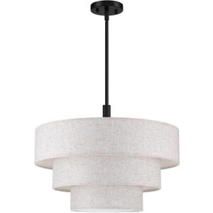 3 Tier Cream Linen Drum Fabric Pendant Light Modern Farmhouse Decor 7 Lights 24 Inch Black Finish for Kitchen Living Room Dining Room Corridor Hallway