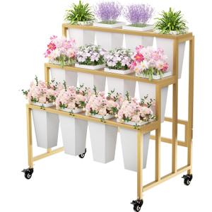 MILEFA Flower Display Stand with 12 Buckets, 3 Layers Flower Bar, Gold Metal Plant Stand with Wheels, Heavy Duty Flower Cart for Indoor Outdoor Patio Garden Wedding Florist, Gold Metal Frame