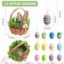 Easter Basket Decoration with Handle, Handmade Straw Bunnies, 12 Hanging Easter Eggs,Carrot Baskets for Easter Egg Candy Storage, Spring and Easter Home Table Decor, Mantle Centerpiece