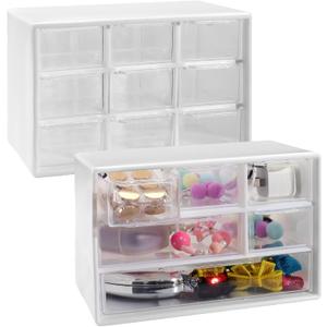 2Pcs Clear Mini Storage Drawers, 6-Grid Small Desk Organizer with Drawers, 9-Compartments Stackable Plastic Organizer, Desktop Storage Box for Craft Makeup Jewelry Bead (White)