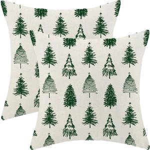 AEIOAE Christmas Pillow Covers 18x18 Inch Set of 2 Green Christmas Trees Throw Pillows Case,Holiday Outdoor Decorative Farmhouse Winter Decor Cushion Covers for Home Sofa Bed Couch