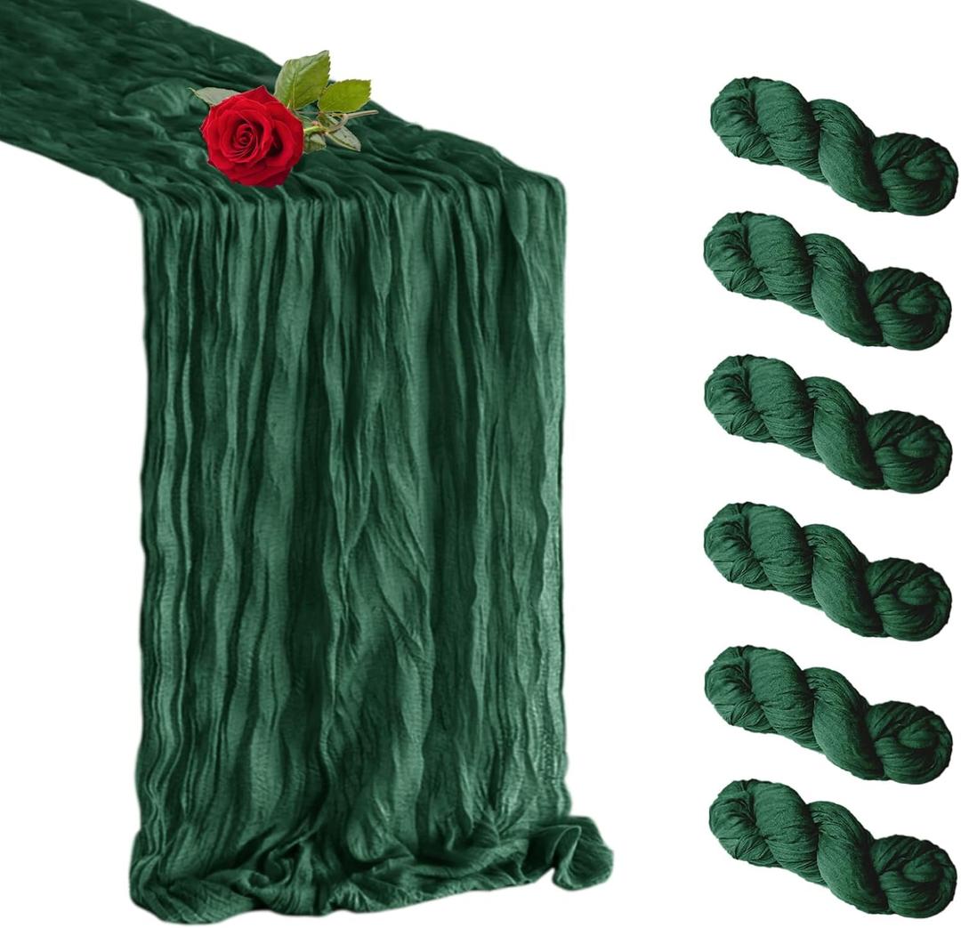 6 Pack Emerald Green Cheesecloth Table Runner 35 x 120 inch Boho Rustic Gauze Table Runner 10 FT Long, Semi Sheer Cheese Cloth Runner for Wedding Party Banquet Baby Shower Birthday Decoration, 6 Pcs - 10Ft