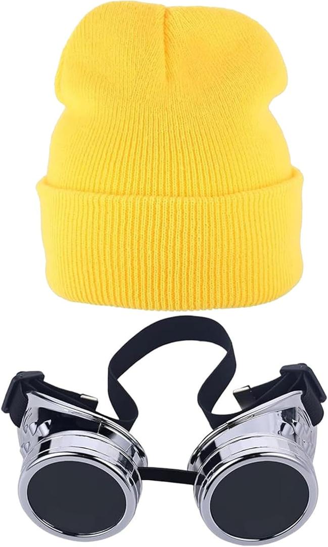 Vintage Steampunk Goggles Halloween Cosplay Punk Sunglasses Yellow Beani Cuffed Caps for Men Women Halloween Party