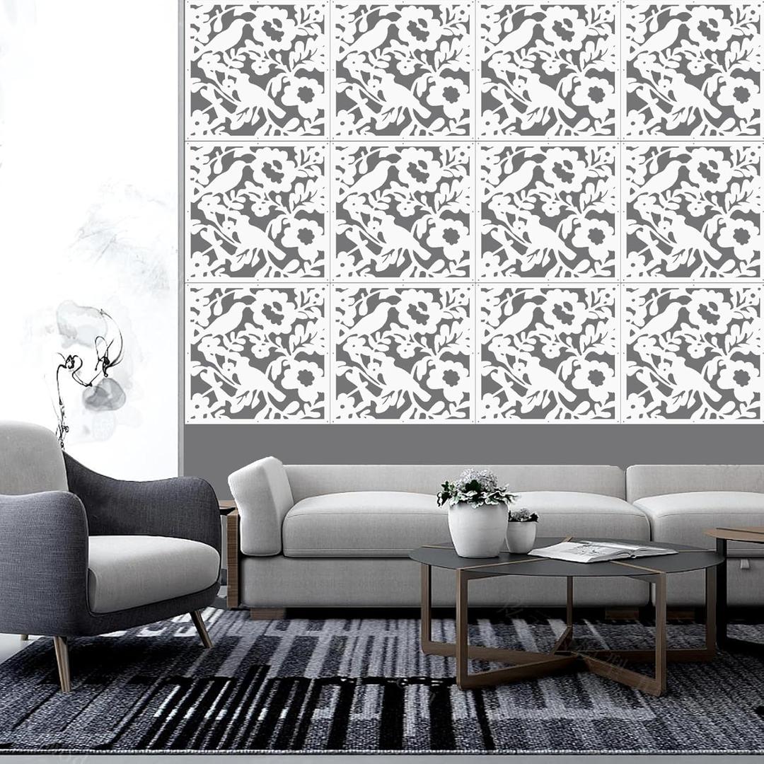 12 PCS Partitions Panel Screen Hanging Room Divider Made of Environmentally PVC for Decorating Bedroom Dining Study and Sitting-Room, Hotel Bar and Restaurant (12 Psc White Bird)