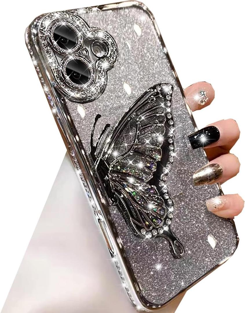 for iPhone 16 Plus Glitter 3D Butterfly Case,Cute Luxury Bling Sparkly Diamond Rhinestones Liquid Flowing Case with Camera Protector TPU Bumper Women Girls Case for iPhone 16 Plus 6.7",Silver