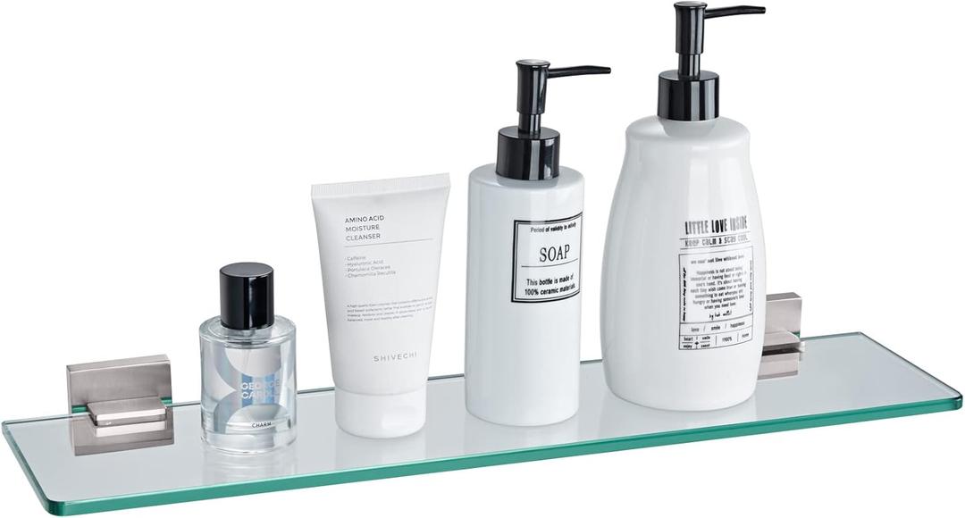 KOKOSIRI Wall Shelves Floating Bathroom Glass Shelf for Kitchen Storage, 20'' x 5.6'' Tempered Glass Wall Mounted Brushed Stainless Steel B1106BR-L20