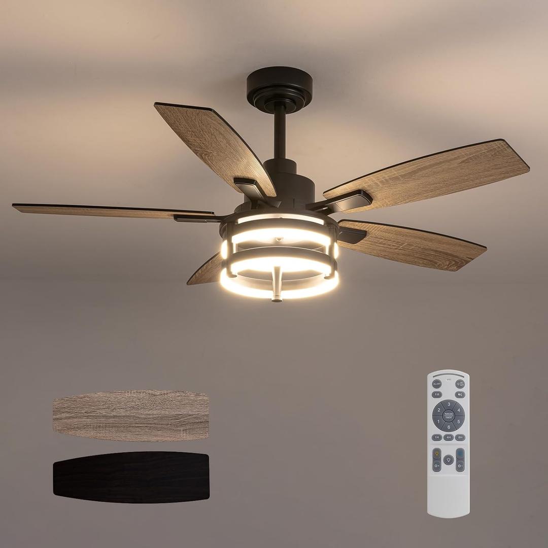 46 Inch Ceiling Fans with Lights and Remote Control, Farmhouse Ceiling Fan with LED Lighting for Bedroom Living Room and Patio, Black Caged Ceiling Fan for Indoor and Outdoor
