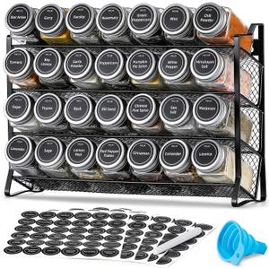 AOZITA Spice Rack Organizer with 28 Empty Spice Jars with Silver Lids, Funnel, Labels - Seasoning Organizer for Countertop, Cabinet, Kitchen, Pantry