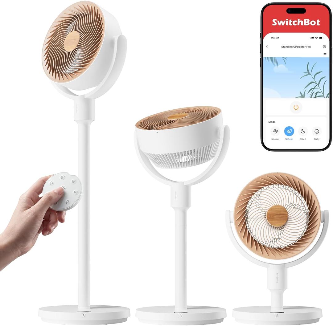 SwitchBot Smart Pedestal Fan, Rechargeable Oscillating Standing Fan for Bedroom, Corded & Cordless, Adjustable Height Floor & Desk Fan, 22dB, Remote & App, Works with Alexa,Google Home,HomeKit,Matter