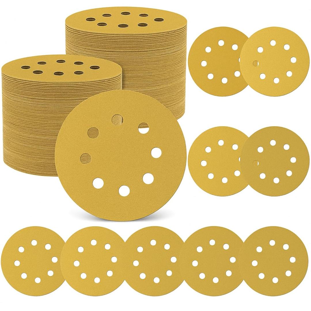Maxdot 200 Pcs 5 Inch Sanding Discs 8-Hole Hook and Loop Gold Sandpaper, 60-Grit for Random Orbit Sander