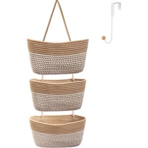Over the Door Hanging Basket for Organizing 3 Tiers Woven Cotton Rope Wall Mount Storage basket Decorative Kitchen Hanging Organizer Bathroom include 1 door hook Flaxen Stripe