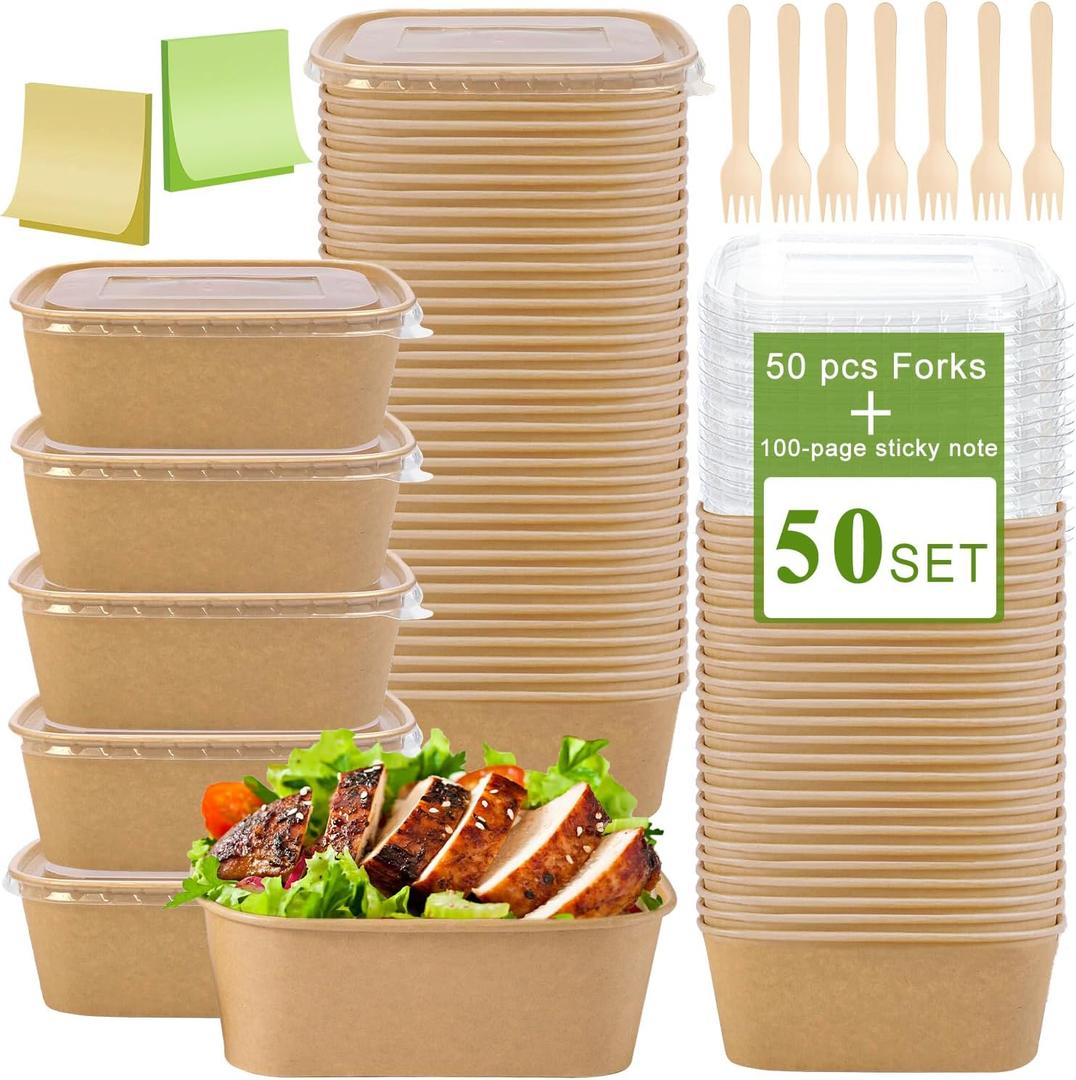 50-Pack 26oz Kraft Paper Bowls Disposable with Lids and Wooden Forks, Disposable Meal Prep Containers Paper Food Prep Containers with Lids, To Go Container for Hot Soup/Salad, Freezer & Microwave Safe