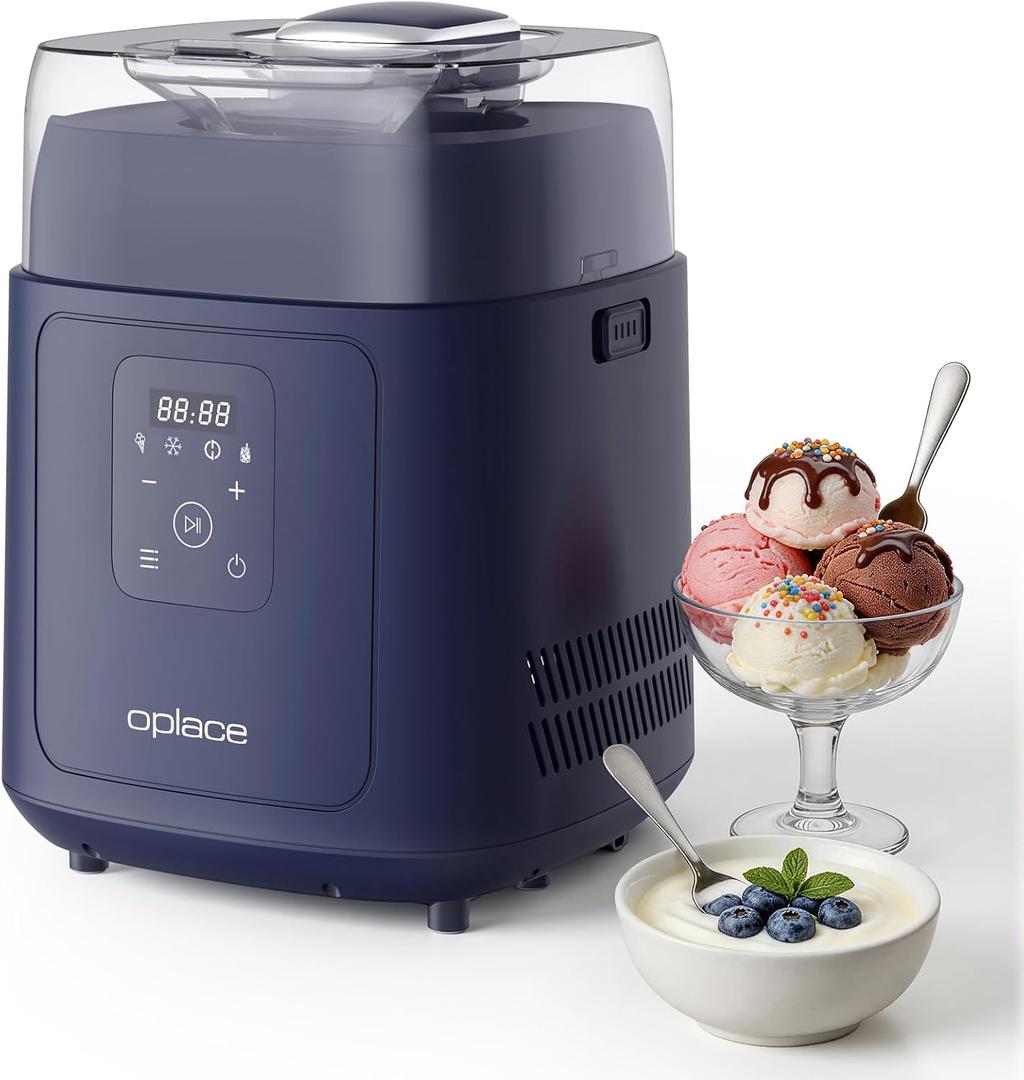 4-in-1 Compressor Ice Cream Maker (1.0Qt), No Pre-Freezing, Automatic Yogurt Maker, Gelato Sorbet Frozen Yogurt Soft Serve Machine, Compact Vertical Design for Home Kitchen(Blue)