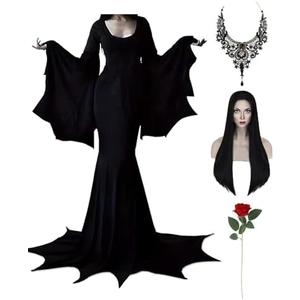 Halloween Morticia Addams Costumes Vintage Gothic Black Long Dress Outfit Women Wig Red Roses Flowers Necklace, M
